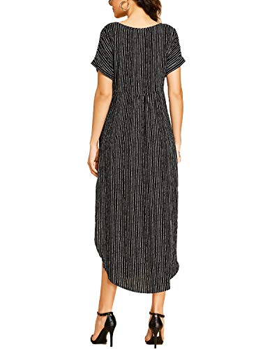 YOINS - Vestido largo amplio de verano para mujer, para playa, vestido sexy, manga corta, cuello redondo, vestido de punto con cinturón Negro -03. XL