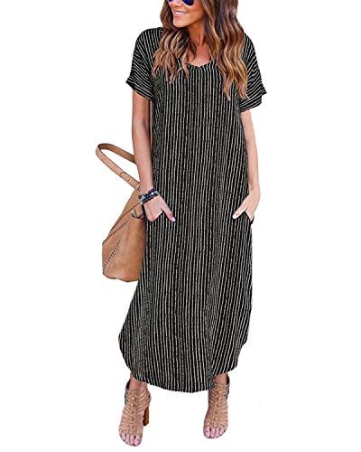 YOINS - Vestido largo amplio de verano para mujer, para playa, vestido sexy, manga corta, cuello redondo, vestido de punto con cinturón Negro -03. XL