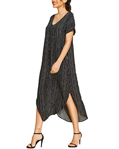 YOINS - Vestido largo amplio de verano para mujer, para playa, vestido sexy, manga corta, cuello redondo, vestido de punto con cinturón Negro -03. XL
