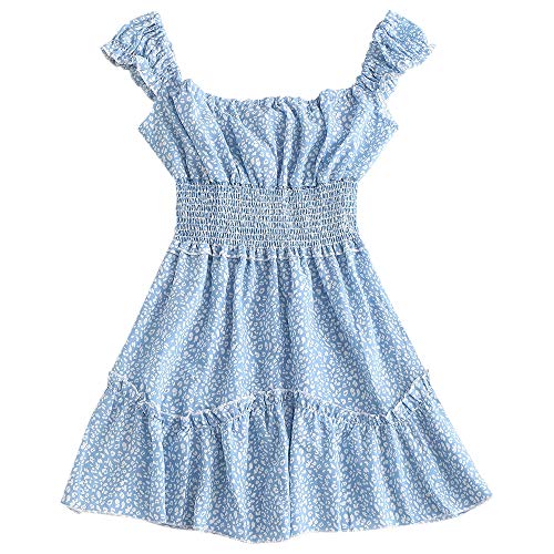 ZAFUL Vestido de verano para mujer, diseño de flores, sin mangas, minivestido, azul celeste, S
