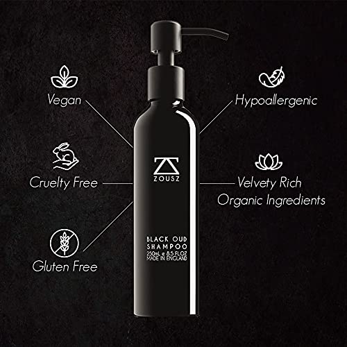 ZOUSZ Champú Hombre - Champú Oud Limpiador, Vitalizante y Nutritivo de Uso Diario, Para el Cabello y la Barba, Contiene Ingredientes Naturales y Orgánicos, Sin SLS, Parabenos ni Silicona 250mL