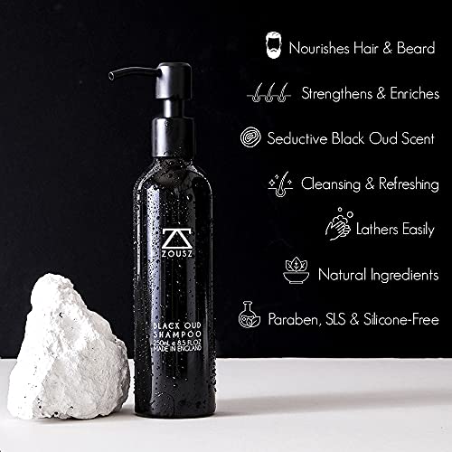 ZOUSZ Champú Hombre - Champú Oud Limpiador, Vitalizante y Nutritivo de Uso Diario, Para el Cabello y la Barba, Contiene Ingredientes Naturales y Orgánicos, Sin SLS, Parabenos ni Silicona 250mL