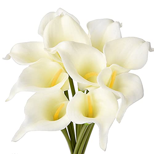 10 Piezas de Flores Artificiales de Lirio de Cala, Lirios Artificiales, Realista al Tacto, Flores Artificiales para Decoracion Familiar, Boda, Exterior, Pared, Jardin, Hotel y Ramo(Blanca Lechosa)