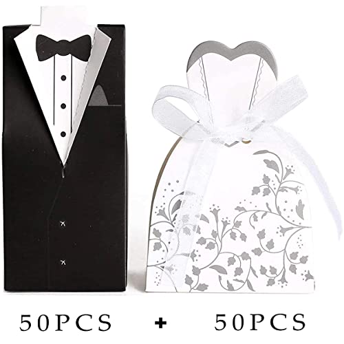 100 Pezzi Cajas de Dulces para Boda, Caja de Dulces de Cartón, Caja de Dulces de Boda de Cartón Blanco, Cajas de Boda para Caramelos, para boda, galletas de caramelo(50pcs Novia + 50pcs Novio)