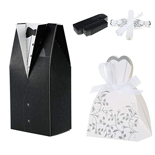 100 Pezzi Cajas de Dulces para Boda, Caja de Dulces de Cartón, Caja de Dulces de Boda de Cartón Blanco, Cajas de Boda para Caramelos, para boda, galletas de caramelo(50pcs Novia + 50pcs Novio)