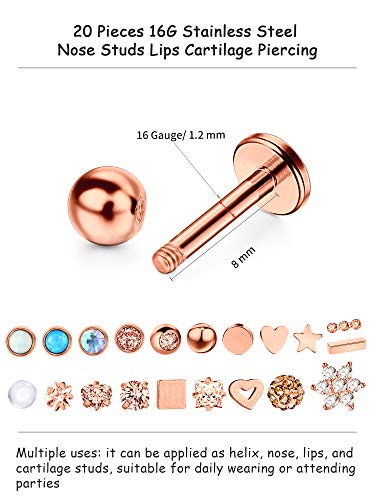 20 Piezas Perno de Nariz de Acero Inoxidable 16G Joyería de Piercing de Cartílago Labios Nariz para Mujeres Chicas (Dorado Rosado)