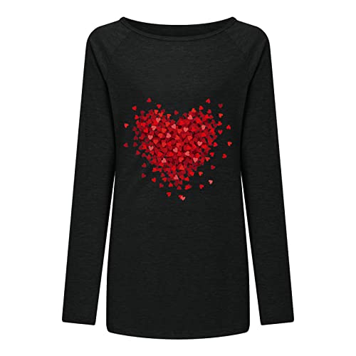 2022 Día de San Valentín Camiseta de Manga Larga Mujer, Moda Impresión Blusa Cuello redondo camisa Largo basica Camiseta Suelto primavera Tops Casual T-Shirt fiesta Elegante original Sudadera tee