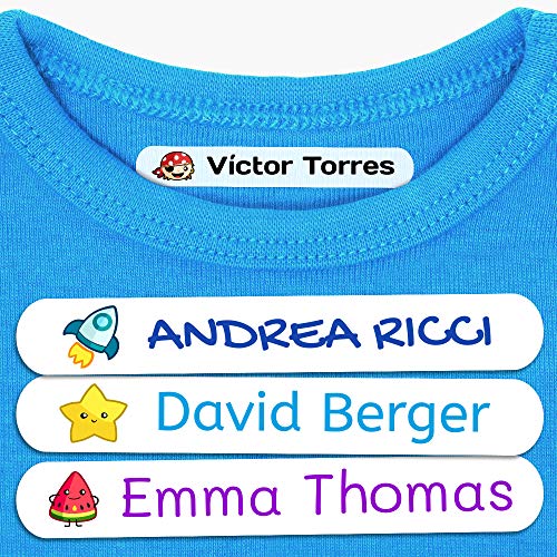 50 Etiquetas adhesivas para ropa personalizadas. Pegatinas termoadhesivas con nombre para marcar la ropa de niños y bebés (con plancha). Tamaño 6 x 1 cm. Resistentes a lavadora.