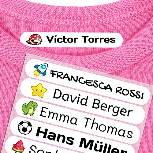 50 Etiquetas adhesivas para ropa personalizadas. Pegatinas termoadhesivas con nombre para marcar la ropa de niños y bebés (con plancha). Tamaño 6 x 1 cm. Resistentes a lavadora.