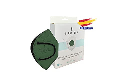 A AIRNATECH Mascarillas FFP2 Verde Botella pack de 10 unidades. Marcado CE0161 Homologadas - Normativa EN149: 2001+A1: 2009 - 5 Capas de 95% Filtración - Mascarilla ffp2 protección respiratoria