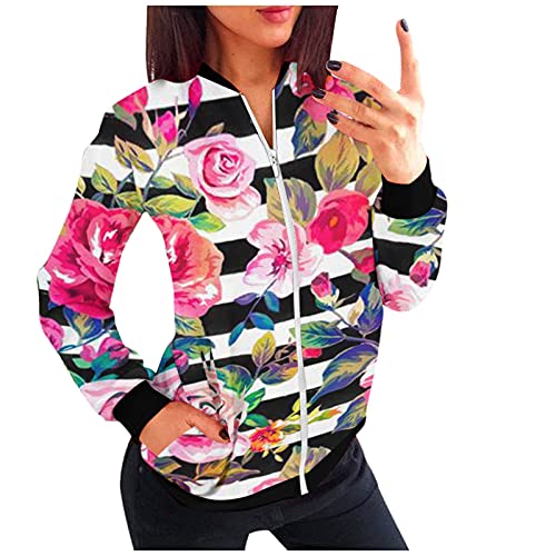 A / B Peony's Daily Outwear con bolsillos O - cuello Zipper Manga larga Peony Print Classic Jacket Casual Top Jacket ligero (Pink, XXL)