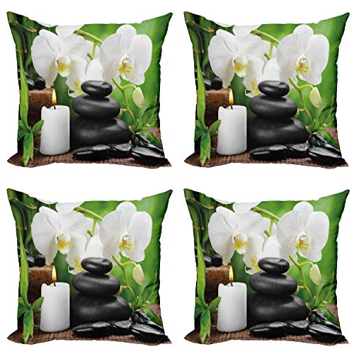 ABAKUHAUS SPA Set de 4 Fundas para Cojín, Orquídeas Piedras de la Naturaleza, Estampado Digital en Ambos Lados y Cremallera, 60 cm x 60 cm, Negro Blanco y Verde