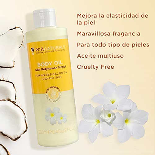Aceite corporal Pranaturals con Monoi de Polinesia - Piel Suave y Radiante, Mejora la Elasticidad - Nutrición e Hidratación - Fórmula de Origen Natural - Fragancia de Coco y Frangipani