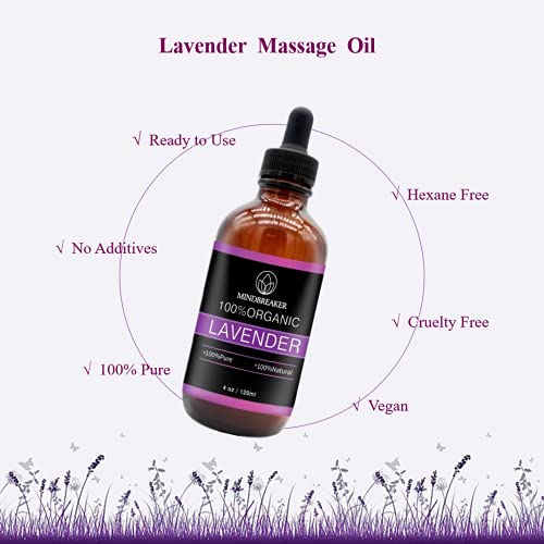 Aceite esencial de lavanda, Mindbreaker 100% el aceite esencial del grado terapéutico orgánico puro, consigue un mejor sueño, aromatherapy, antiinflamatorio, alivia dolores de cabeza (120ml Upgrade)