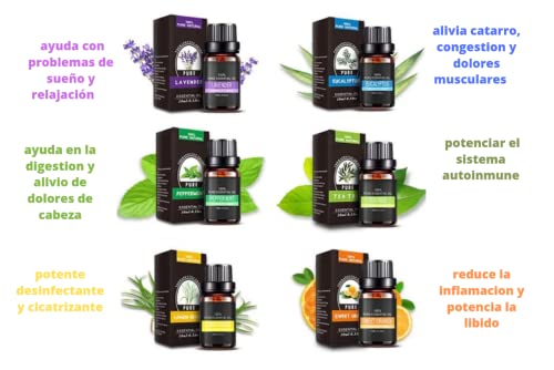 Aceites Esenciales Aromaterapia Set incluye 6X10 ml - Lavanda Naranja Menta Arbol de té Citronela Eucalyptus -100% Pure Aceites Esenciales para Humidificador Difusor Naturales Puro