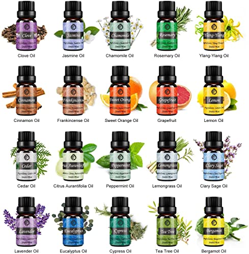 Aceites Esenciales Humidificador, 20x5ml Aceites Esenciales Naturales 100%, Aromaterapia para Humidificador y Difusor Aroma, SPA, Masajes, Relajarse, Ayuda a Dormir con Calma