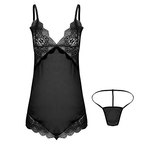 Ainsi Benova Conjuntos Satin Encaje Lenceria Mujer Sexy Eróticas Baby Doll V Cuello Ropa Interior De Dormir Pijama Camisón con Tanga