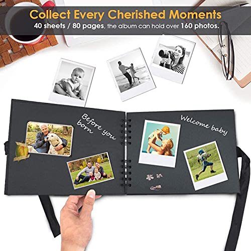 Album de Fotos Scrapbook Espiral, 80 Páginas Negras DIY Scrapbooking Album Set con 2pcs Photo Corners 6pcs Pegatinas 5pcs Plantillas 12 Rotuladores de Colores, para Boda Aniversario Cumpleaños Navidad