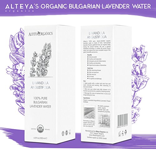 Alteya Tóner de agua de lavanda orgánico - Botella de vidrio - 200 ml, USDA orgánico, de la destilería de Alteya, grado de cuidado de la piel, especial destilado térmico