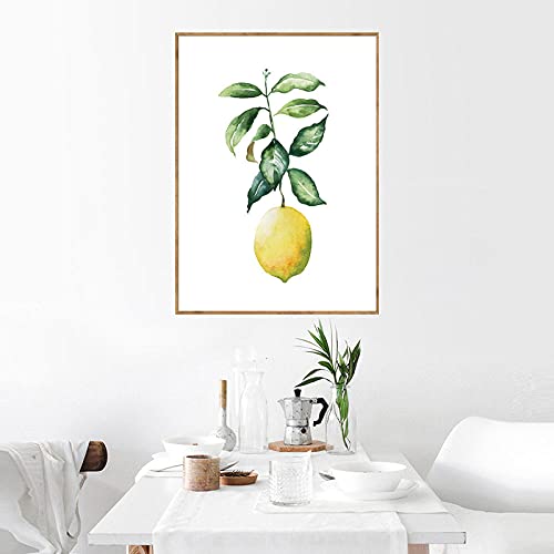 Amarillo Limón Poster Verano Fruta Lienzo Pared Pintura Fruta Tienda Minimalista Pared Arte Hogar Decoracion Verano Fruta Verde Hojas Limón Arte Cuadro （No Marco）