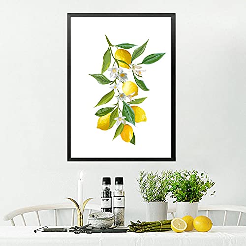 Amarillo Limón Poster Verano Fruta Lienzo Pared Pintura Fruta Tienda Minimalista Pared Arte Hogar Decoracion Verano Fruta Verde Hojas Limón Arte Cuadro （No Marco）