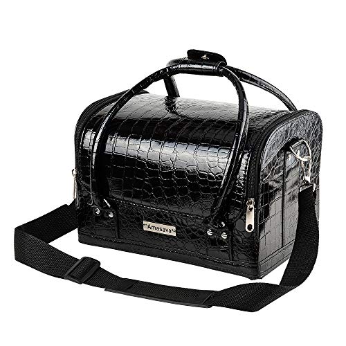 Amasava Maletín para Maquillaje, Estuches de Maquillaje, Estuche de Cosméticos, 19 cm * 19,5 cm * 27cm, PVC, Cerradura, 6 bandejas, con Correa para el Hombro, Negro