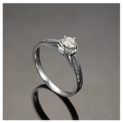 AmDxD Anillo de mujer de lujo de oro blanco de 18 quilates. Anillo de lujo para mujer con flor blanca y diamante de 0,23 quilates, 61.5, Oro blanco de 18 quilates, Diamond
