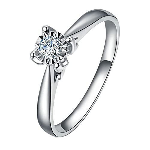 AmDxD Anillo de mujer de oro blanco de 18 quilates, anillo solitario de 4 piedras blancas con diamante de 0,1 quilates para mujer, 62.5, Oro blanco de 18 quilates, Diamond