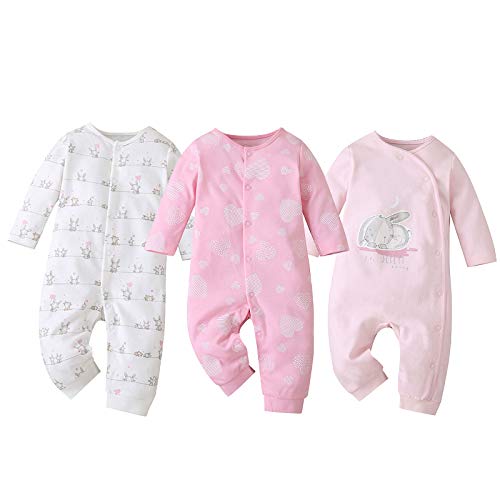 amropi Pack de 3 Mono Bebé Niñas Niños Peleles Pijama Mameluco de Manga Larga, 6-9 Meses,Rojo/Rosa/Blanco