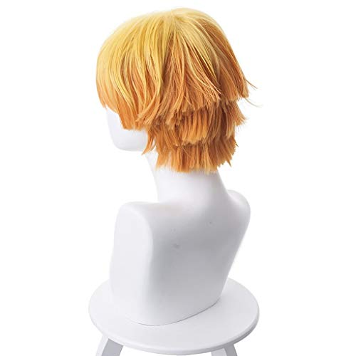Ani·Lnc Agatsuma Zenitsu Demon Slayer Cosplay disfraz peluca amarillo degradado naranja rizado pelo corto para hombres