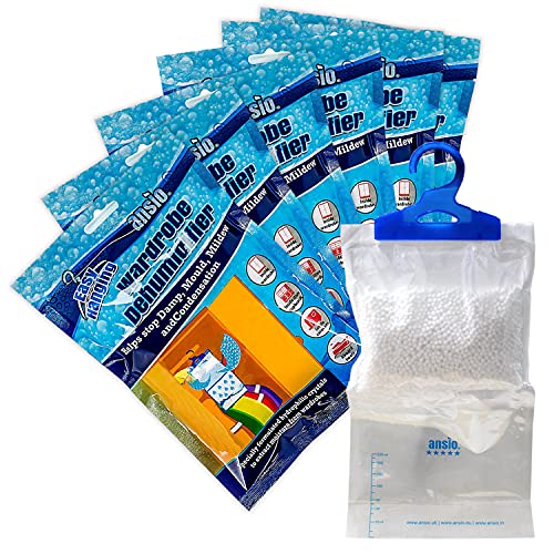 ANSIO Deshumidificador para Armario Colgante, Eliminador de Condensación, Absorbente de Humedad, Deshumidificadores para Humedad, Moho, Humedad en Armario, Dormitorio, Caravana, Baño, Sótano - 210 g Paquete de 6