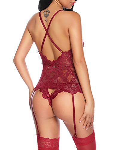 Aranmei Body de Encaje Mujer Conjunto de Lencería Sexy Back Correas Cruzadas Corset Ropa Interior de Cuello en V Profundo sin Medias (Rojo, Small)