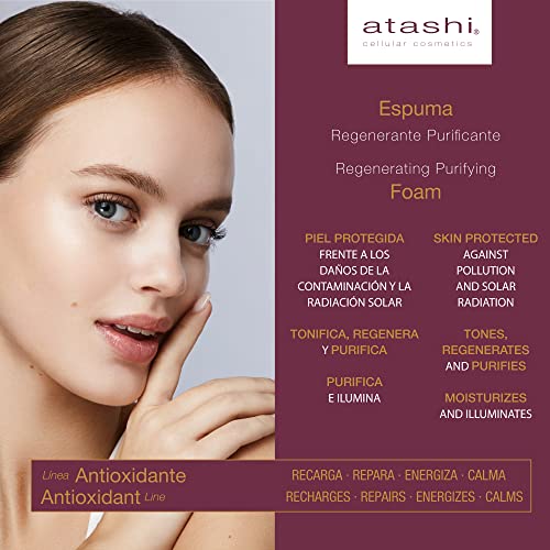 Atashi Antioxidante - Espuma Regenerante Purificante | Limpia, Energiza, Tonifica Y Afina Piel | Con Ácido Glicólico Y Aguas Frutales Bio | Apta Para Piel Sensible, Transparente, 150 Mililitro