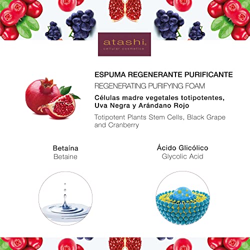 Atashi Antioxidante - Espuma Regenerante Purificante | Limpia, Energiza, Tonifica Y Afina Piel | Con Ácido Glicólico Y Aguas Frutales Bio | Apta Para Piel Sensible, Transparente, 150 Mililitro