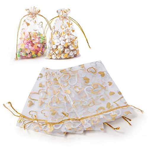 Aucuu 105 Bolsas de Regalo de organza, 10 x 15 cm Bolsas de Organza para Joyas con Corazones de Amor, Bolsas con Cordón para Joyas, Bolsas de Recuerdos para Fiestas de Bodas (Blanco + Dorado)