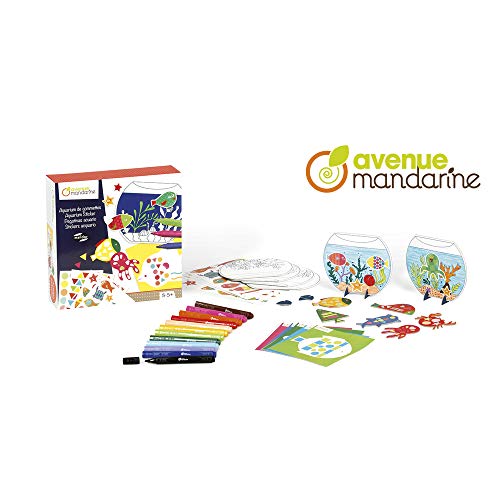 AVENUE MANDARINE - Kit Créatif de Coloriage et Gommettes - Thème Aquarium de Gommettes - Avec 12 Feutres, 6 Aquariums et Animaux Marins à Colorier - Activité Manuelle et Créative - Dès 3 ans - KC043C