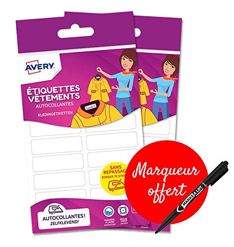 Avery – Lote de 72 etiquetas autoadhesivas para ropa + 1 rotulador permanente de regalo (2 bolsas de 36 etiquetas), formato 45 x 13 mm