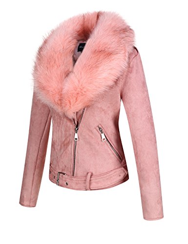 BELLIVERA Chaqueta de Gamuza de Cuero Sintético Para Mujer Abrigo Corto con Cinturón de Motocicleta Cálido de Invierno con Cuello de piel Desmontable 8830 Rosa XXL