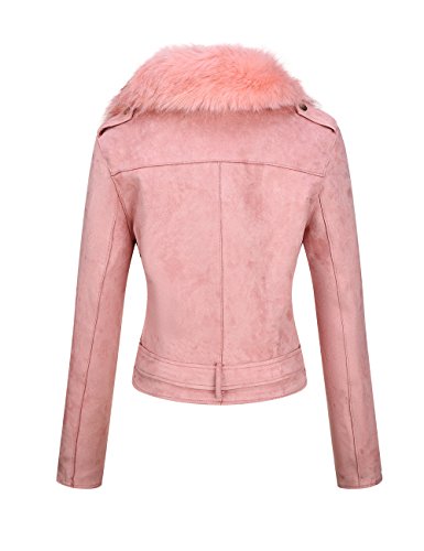 BELLIVERA Chaqueta de Gamuza de Cuero Sintético Para Mujer Abrigo Corto con Cinturón de Motocicleta Cálido de Invierno con Cuello de piel Desmontable 8830 Rosa XXL