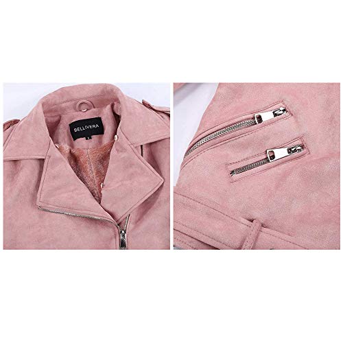 BELLIVERA Chaqueta de Gamuza de Cuero Sintético Para Mujer Abrigo Corto con Cinturón de Motocicleta Cálido de Invierno con Cuello de piel Desmontable 8830 Rosa XXL