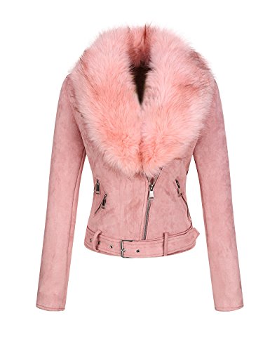 BELLIVERA Chaqueta de Gamuza de Cuero Sintético Para Mujer Abrigo Corto con Cinturón de Motocicleta Cálido de Invierno con Cuello de piel Desmontable 8830 Rosa XXL