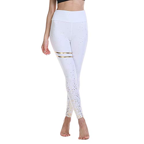 BESIDE STAR 2 Piezas Ropa Deportiva Mujer, Mallas de Deporte de Mujer con impresión centelleante, Leggins Mujer, Pantalones Mujer Crossfit, Yoga Fitness Blanco S