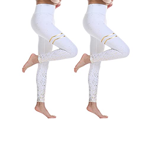 BESIDE STAR 2 Piezas Ropa Deportiva Mujer, Mallas de Deporte de Mujer con impresión centelleante, Leggins Mujer, Pantalones Mujer Crossfit, Yoga Fitness Blanco S