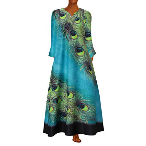 Bestyyo Ropa para mujer Venta Liquidación Casa clother Día de San Valentín Tamaño Más Manga Larga Estampado Pavo Real Largo Maxi Vestido Boho Verano Playa Vestido