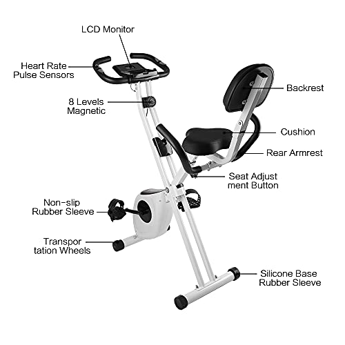 bigzzia Bicicleta estática, vertical y plegable con resistencia magnética/monitor LCD/sensores de pulso, ejercicio de fitness para gimnasio en casa