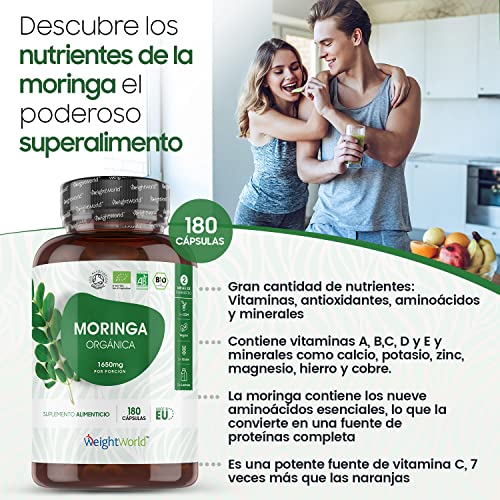 Bio Moringa Oleifera Orgánica Pura Alta Dosis 1650 mg 180 Cápsulas - Bio Moringa Oleifera Fuente de Vitaminas, Minerales y Antioxidantes, Moringa Cápsulas Pura Ecológica, Suministro para 2 Meses