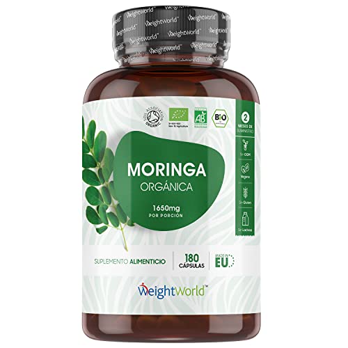 Bio Moringa Oleifera Orgánica Pura Alta Dosis 1650 mg 180 Cápsulas - Bio Moringa Oleifera Fuente de Vitaminas, Minerales y Antioxidantes, Moringa Cápsulas Pura Ecológica, Suministro para 2 Meses