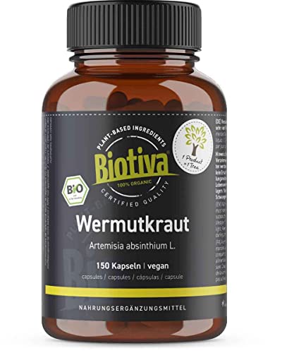 Biotiva Cápsulas de ajenjo orgánico 150 piezas - 400 mg - vermut - garantizado sin aditivos - embotellado y verificado en Alemania (DE-ÖKO-005)