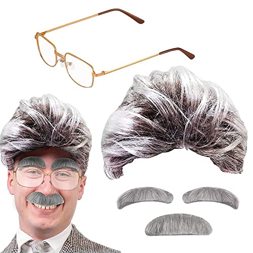 BIQIQI Peluca de Abuelo Disfraz de Anciano con Peluca, Cejas, Bigote y Gafas Redondas para Hombre, Peluca Gris Carnaval Halloween Einstein Abuelo, Viejo, Científico Loco, Mad Scientist, Profesor