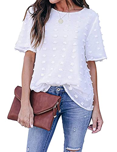 Blooming Jelly Camiseta para Mujer Blusa de Gasa Blanca Cuello Redondo Tops de Manga Corta Camisa Elegante Suelta Informal